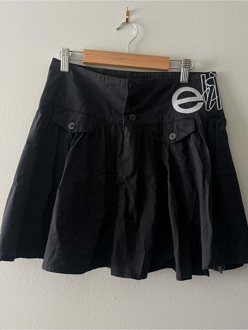 Black Mini Skirt with Embroidered Waist Detail